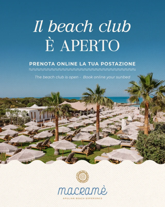 𝐀𝐩𝐮𝐥𝐢𝐚𝐧 𝐁𝐞𝐚𝐜𝐡 𝐄𝐱𝐩𝐞𝐫𝐢𝐞𝐧𝐜𝐞 ✨
Il Macramè Beach Club è aperto
La tua estate nel cuore della costa pugliese ti aspetta 🌵

Info e prenotazioni:
𝐁𝐞𝐚𝐜𝐡 𝐂𝐥𝐮𝐛: https://bit.ly/3S18AyN
𝐑𝐢𝐬𝐭𝐨𝐫𝐚𝐧𝐭𝐞: https://bit.ly/42YwL6i
𝐄𝐯𝐞𝐧𝐭𝐢: macramemonopoli.it/eventi/
____

📞 +39.371 52 22 337 (Beach Club) ⛱
📞 +39.371 53 53 009 (Events) 🪩
📞 +39.080 51 24 891 (Restaurant) 🍽

💻 www.macramemonopoli.it
📍 Via Procaccia, 58 a Monopoli

#macramemonopoli #monopoli #puglia #resturant #beach